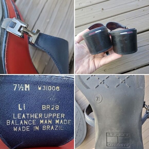 Vintage 90s y2k Bratz Navy Blue Leather Chunky Heel Tommy Hilfiger Thong Sandals - Picture 7 of 7